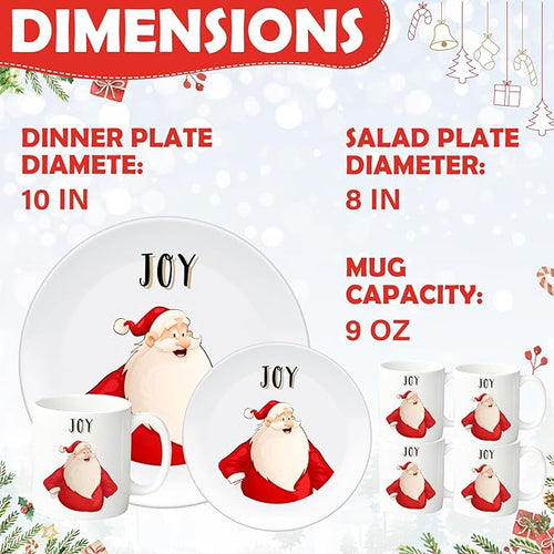 12 Piece Christmas Melamine Dinnerware Set for 4 Guest 10 Dinner Plates 8 Salad Plates 9 oz Mug Shatterproof Xmas Dishes Gift for Home Party Festive Holiday Celebrations