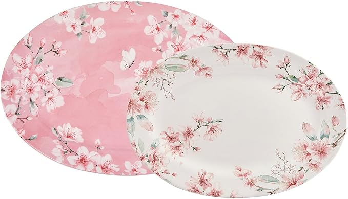 Bico Spring Sakura 16 plus 14 inch Ceramic Oval Platters Set Set of 2 Microwave &amp Dishwasher Safe for Serving Fish Chicken Turkey