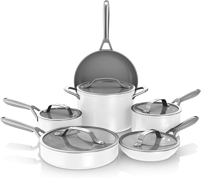 Ninja Ceramic Pro 11-Piece Cookware Set Non-Stick Pots &amp Pans Set with Glass Lids Nontoxic PTFE Free Ceramic Coated Oven Safe All Stovetops &amp Induction Compatible Steam White CW39011WH