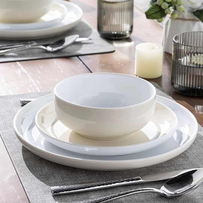 GBHOME 12 Pieces Ceramic Dinnerware Set Modern White Dish Set for 4Scratch Resistant Smooth Plates and Bowls SetsOven SafeMicrowave &amp Dishwasher