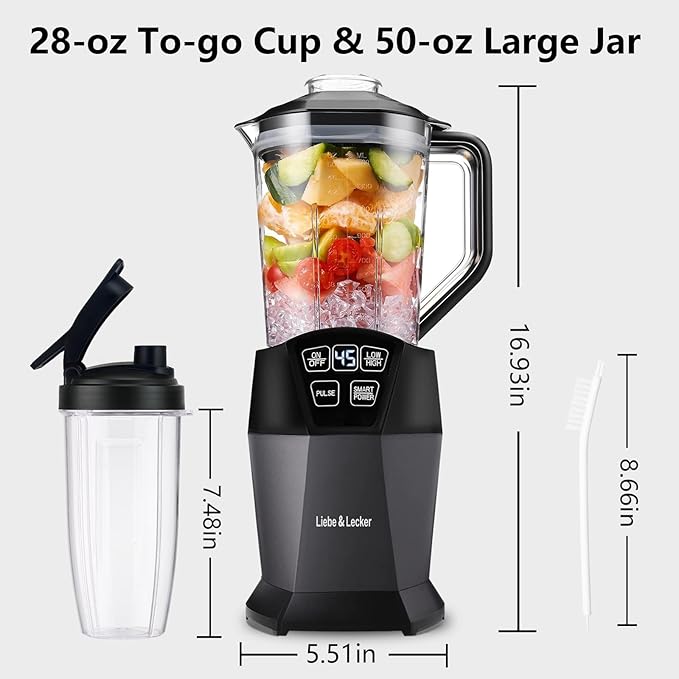 Liebe&ampLecker Smoothie Blender 1200 Peak Watts Blender for Smoothies Smart Technology Blenders for kitchen Frozen Fruit Personal Blenders with BPA Free 28-oz To-go Cup and 50-oz Jar