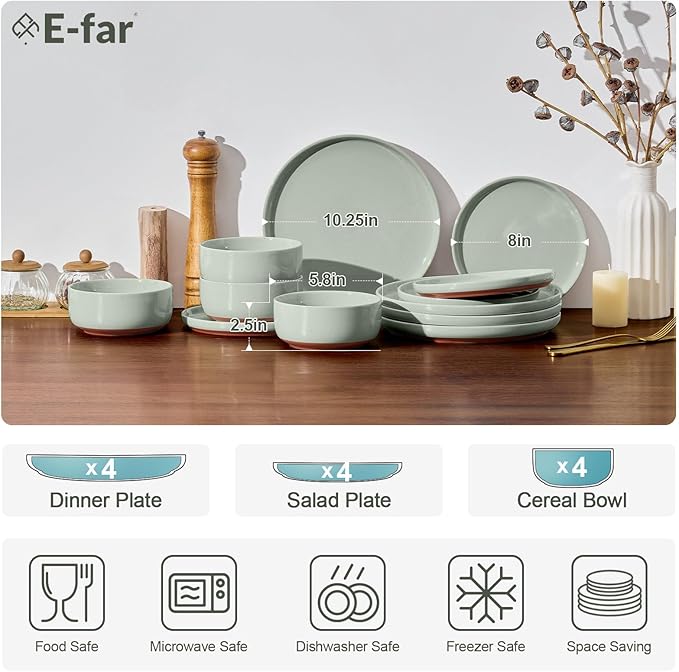 E-far 12-Piece Stoneware Dinnerware Sets Plates and Bowls Sets for 4 Ceramic Dishware Dishes Set with Terracotta Base Chip &amp Scratch Resistant Microwave &amp Dishwasher Safe Speckled Green