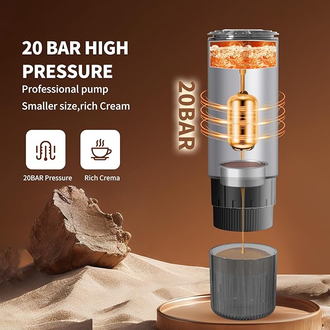 Stainless Steel Portable Espresso Maker – 20Bar 7500mAh Rechargeable 3-in-1 for Nespresso/DG Capsules &amp Ground Coffee Self-Heating Best Value for Camping Car Travel (Silver