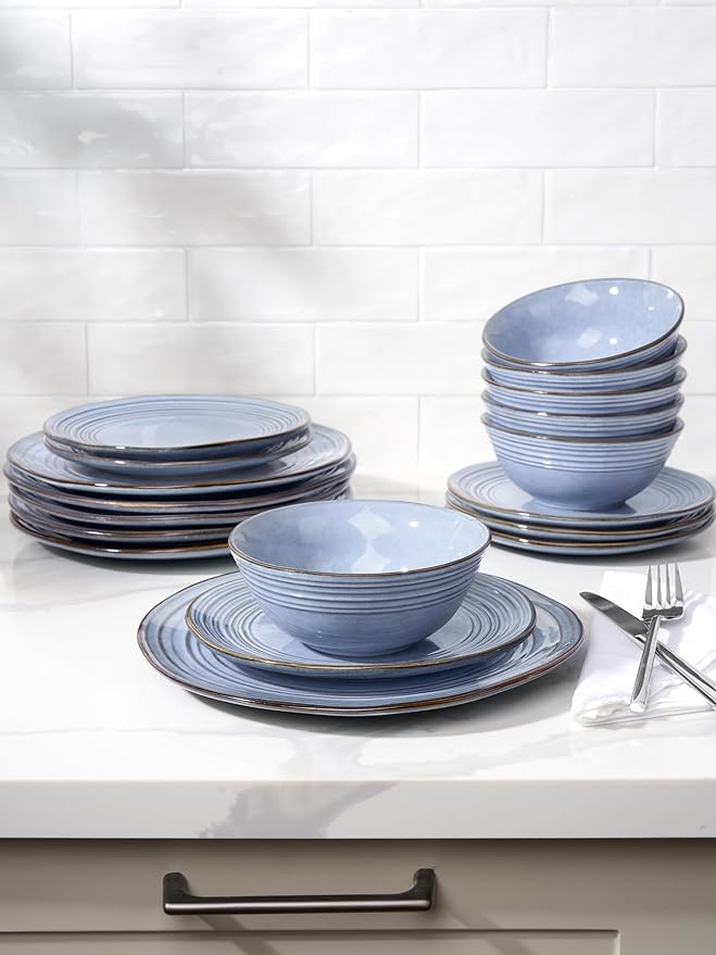 Famiware Plates and Bowls Sets 24-Piece Stoneware Dinnerware Sets Dishes Set for 8 Hand-made Reactive Glaze Dish Set Twilight Series Blue