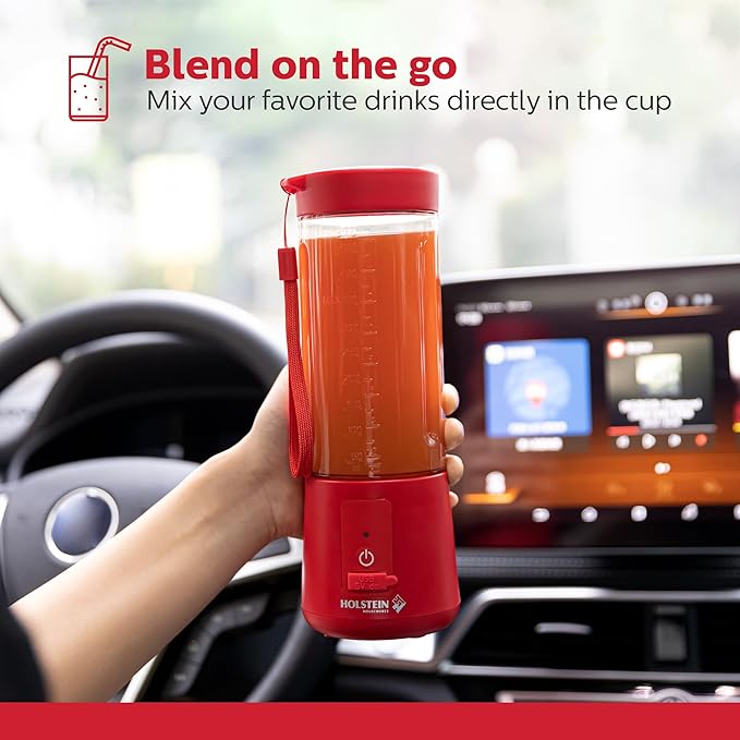 Holstein Housewares - USB Portable Blender 16oz Personal Smoothie &amp Shake Maker with Rechargeable Battery Type-C Fast Charging Spill-Free Lid &amp Indicator Light - Red