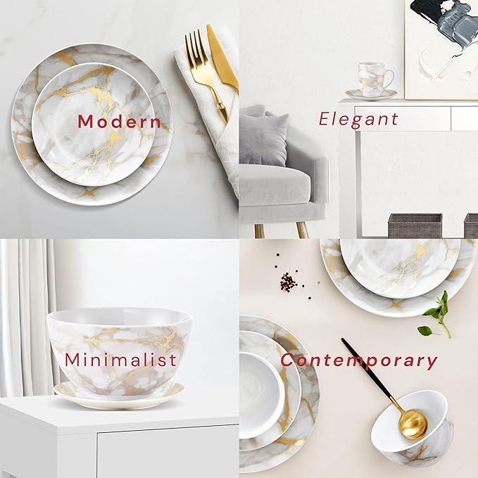 Pemberly Row Contemporary 16-Piece Porcelain Dinnerware Set Gold Marble Finish Lightweight Chip-Resistant Dishwasher &amp Microwave Safe Includes Plates Bowls Mugs for Everyday or Special Occas