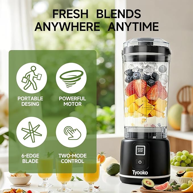Portable Blender for Smoothies and Shakes 18oz Rechargeable Electric Personal Juicer Cup with Dual Mode 6 Sharp Blade Drink Mixer Bottle with Leakproof-Lid &amp Sip Spout for Kitchen/Travel/Gym