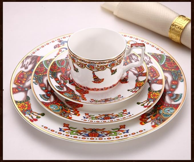 European Style Dinnerware Set Service for 6 Bone China Dinnerware Sets Unbreakable Porcelain Dinner Sets Coffee Cup and Saucer Tableware Set Steak Dinner Plates Dish Set Triumph Horse-2