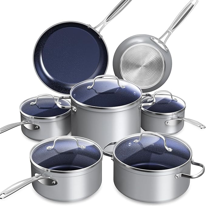 Nuwave Healthy Duralon Blue Ceramic Nonstick Cookware Set Diamond Infused Scratch-Resistant PFAS Free Dishwasher &amp Oven Safe Induction Ready &amp Evenly Heats Tempered Glass Lids &amp Stay-
