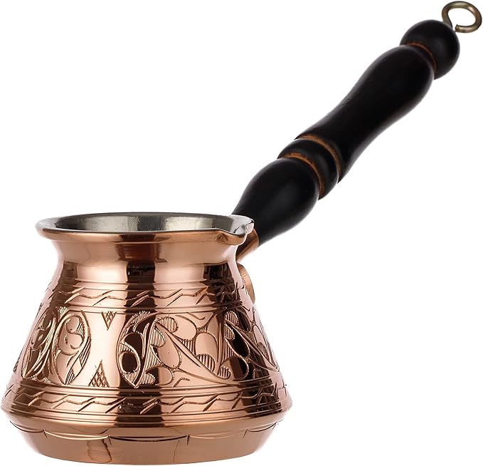 DEMMEX Thickest Copper Turkish Greek Arabic Coffee Pot Stovetop Coffee Maker Cezve Ibrik Briki with Wooden Handle &amp Spoon Hand Engraved