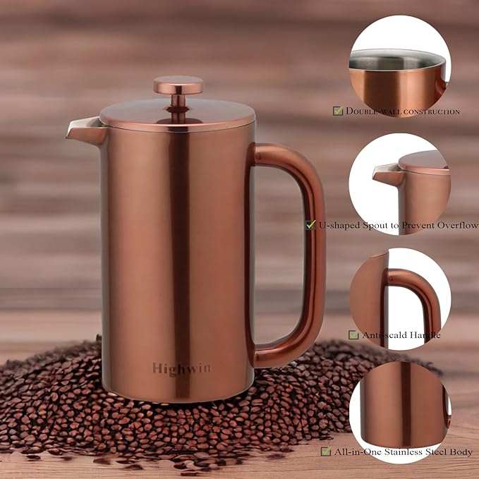 8-Cup Double Wall Insulated Stainless Steel French Coffee Press 32-Ounce Durable Coffee Tea Maker with Stainless Steel Plunger Copper