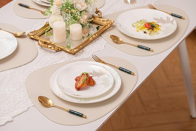 Artistic Bone China Dinnerware Set with Gold Trim Crafted with Traditional Chinese Artistry Glazed Inner Patterns Service for 4 – Maple Leaf Collection