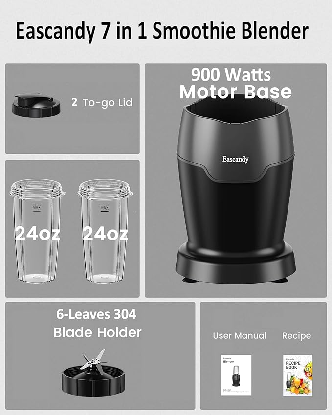 Real 900W Watts Smoothie Blender for Shakes and Smoothies 7 in 1 Set Personal Blender Germany 3D Stainless Steel 6-Leaves Blades Smoothie Maker with 2 Pieces 24 OZ Tritan Sport Cups