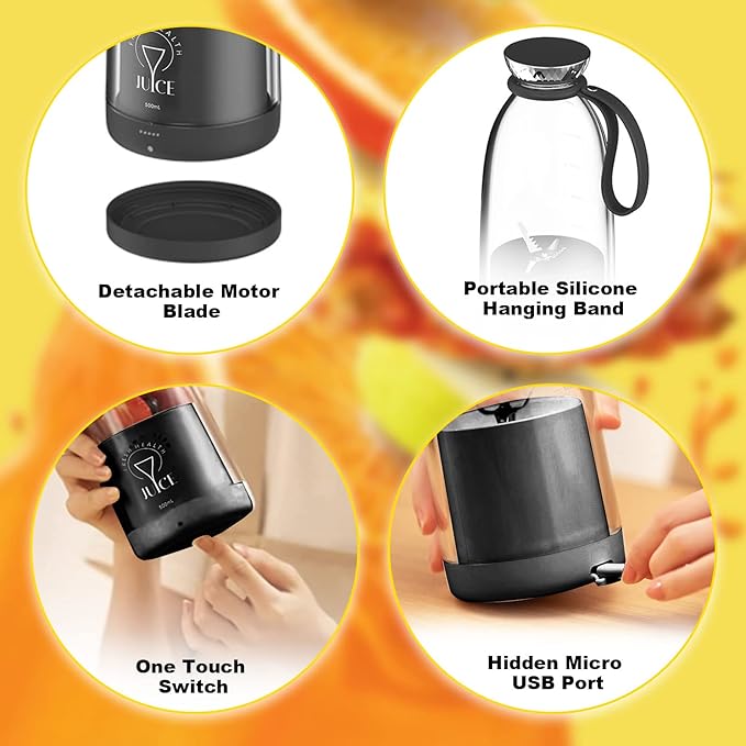 Portable Blender 500ML Personal Blender for Shakes and Smoothies Traveling Fruit Veggie Juicer Cup USB Rechargeable with Six Blades for Sports Travel and Outdoors (black)