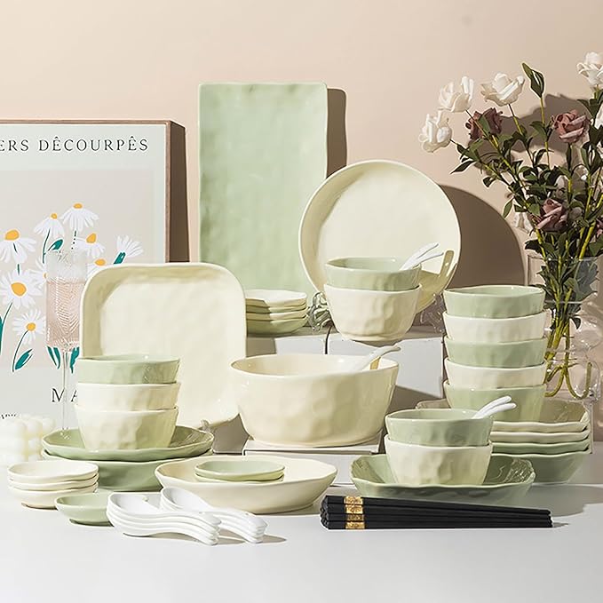 43/57 Pieces Bowls and Plates Set Cream Style Dinner Set Stackable Dishes Sets Dishwasher Safe Dinnerware Sets Easy to Heat Microwave and Oven Safe Two Colors Mix and Match Service for 8/10 Peoples(57