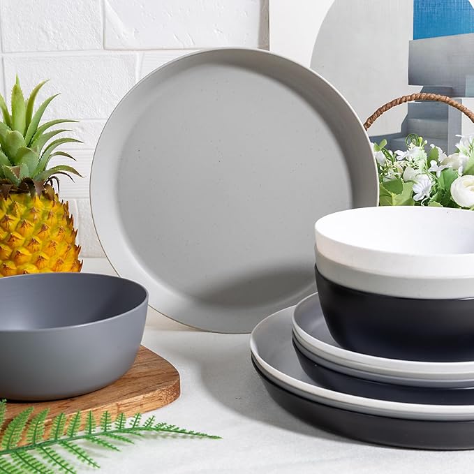 EI 12pcs Wheat Straw PlatesWheat Straw Dinnerware SetPlate and Bowls SetsPlastic Plates Reusable-WhiteBlackGreyDark GreyDinner Plate Set of 4 KitchenPicnic