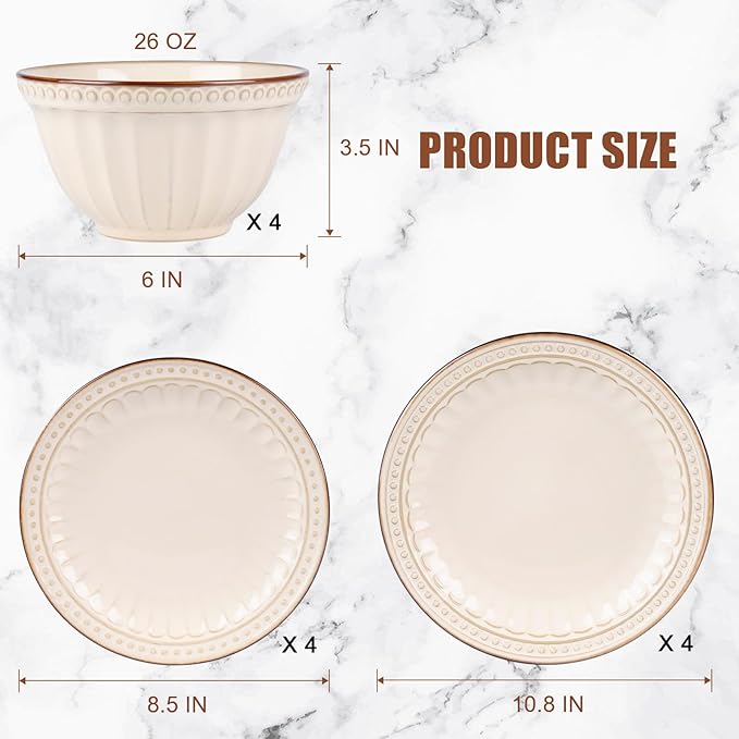 Dinnerware Set Cream White 12 Pieces Service for 4 Stoneware Plates and Bowls Set Stoneware Set Dishwasher Microwave Safe Dishes set