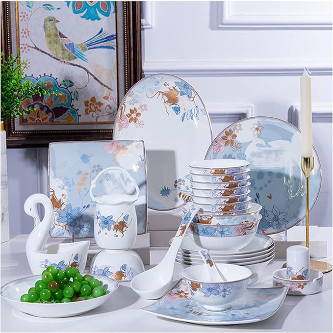 Ceramic Dinnerware Set Retro Style Beautiful Colourful Porcelain Combination Set for Household Dinner Wedding Hotel Christmas 60 Piece Set