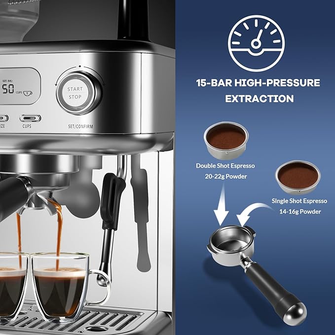 Espresso Machine 15 Bar Espresso Maker with Grinder and Steam Milk Frother Stainless Steel Coffee Machine with 78oz Removable Water Tank for Cappuccino Latte