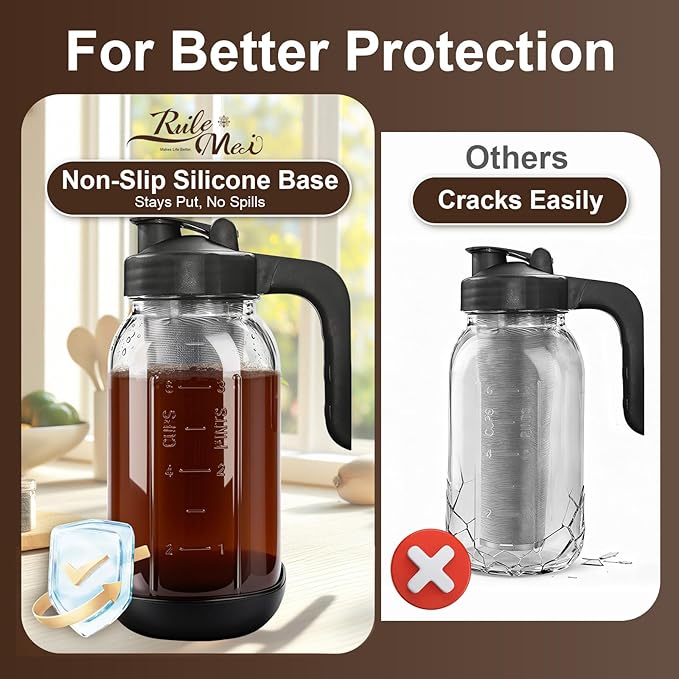 2 PCS Cold Brew Coffee Maker64 oz Mason Jar Pour Spout Lid Refillable Stainless Steel FilterNon-slip Silicone Sleeve for Glass Pitcher Homemade BeverageFor Home Baristas &amp Coffee Enthusiasts