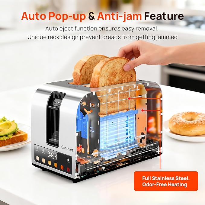 Toaster 2 Slice Consciot Smart Touch Screen Toasters with 6 Browning Levels Timer Reheat/Defrost/Cancel Extra-Wide Slots Removable Crumb Tray Auto Pop-up &amp Anti Jam Peak 925W Stainless Ste