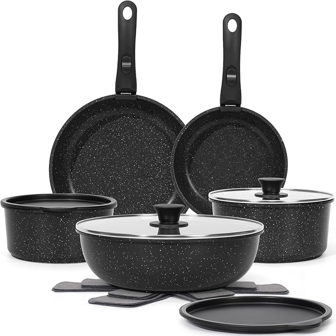 15Pcs Pots and Pans Set Non Stick Cookware Sets with Detachable Handle Nonstick RV Kitchen Cooking Tools Removable Handles Oven Safe Induction Fast Stackable Induction CookwareBlack