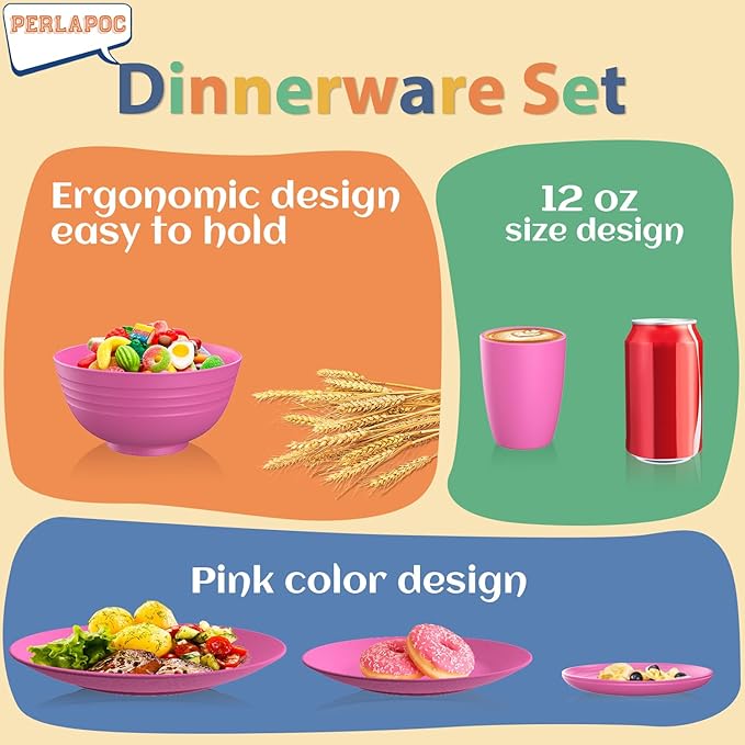 Wheat Straw Dinnerware Set 40 PCS | Service for 8 | Unbreakable Plates and Bowls Sets Plastic Reusable Dishes Sets Dinner Plates Cereal Bowls Water Cups Kitchen Set for Home RV- Pink