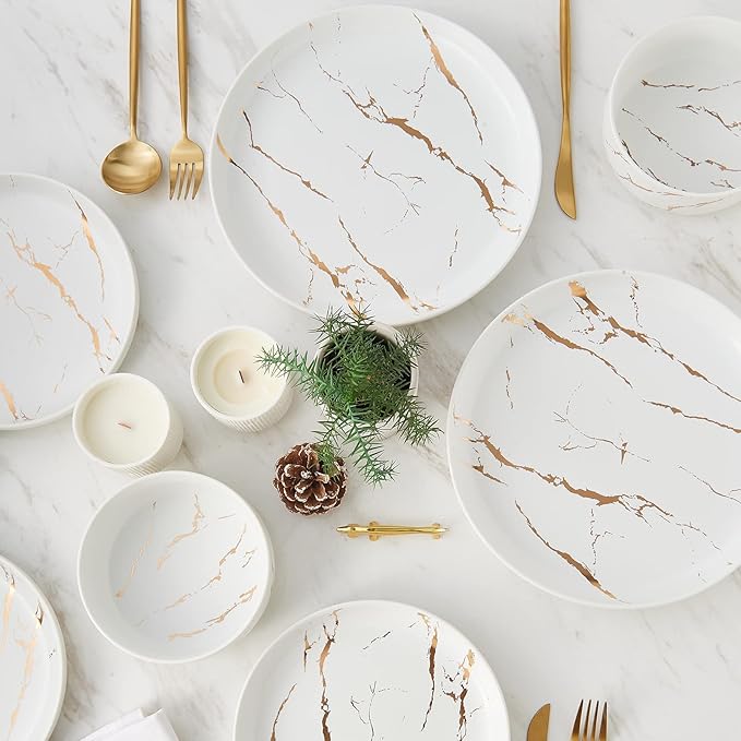 White Gold Splash Dinnerware Sets 12 Pieces Fine China Marble Plates and Bowls Sets Modern Porcelain Dish Set for 4 Luxury Dinner Set for Formal Dinners and Weddings