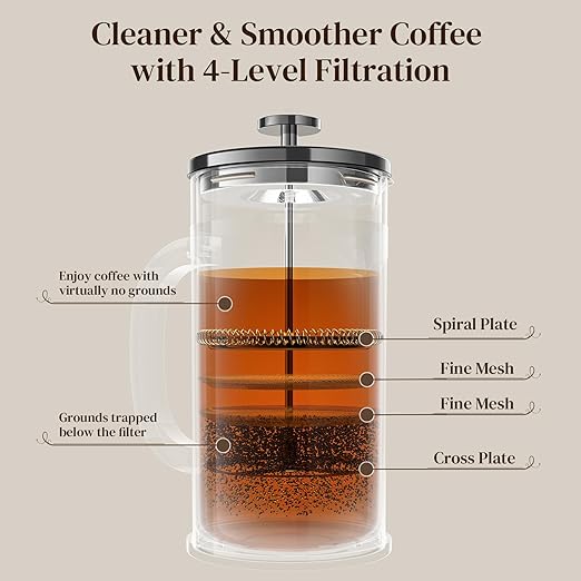 Veken French Press Coffee Maker 34oz No Plastic Touching CafeThickened Glass Stainless Steel Brewer Cold Brew Cafetera Tea pot for Kitchen Travel Camping Gifts Decor Bar Accessories Dark Pewter