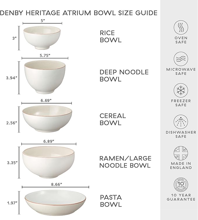 Denby - Heritage Atrium Pasta Bowls Set of 4-37oz Natural Ceramic Large Spaghetti Dinner Bowl - Dishwasher Safe &amp Microwave Safe Stoneware Tableware - Scratch &amp Chip Resistant Dinnerware