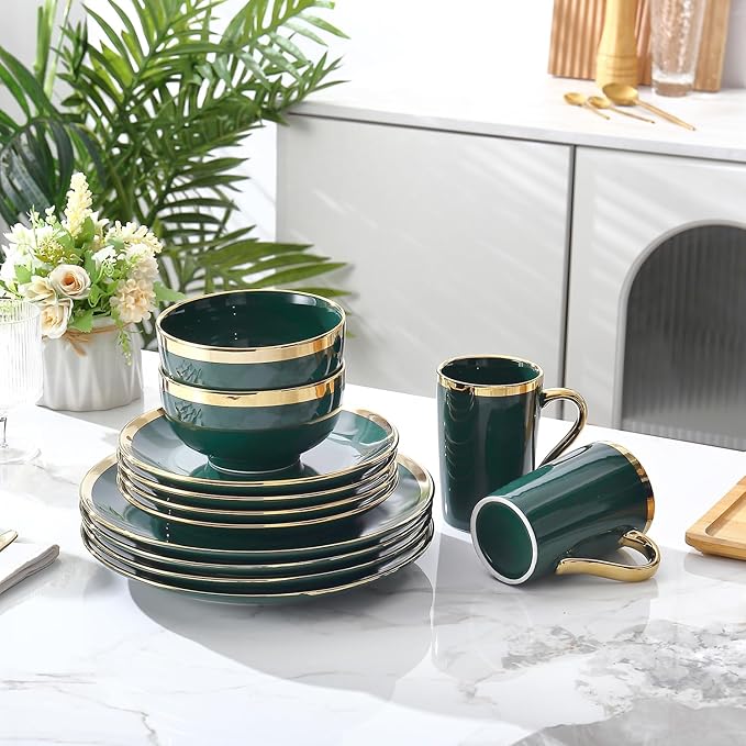 Modern 16 Piece Porcelain Green and Gold Dinnerware Set Stoneware Dinnerware Sets for 4 Plates and Bowls Sets Dish Set with Gold TrimDishes