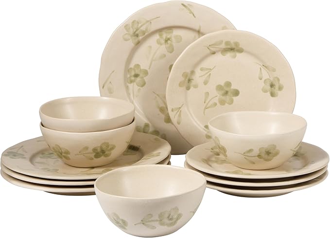 Bloomhouse - 2 Time Oprah's Favorite Things - Made in Portugal Hand Painted Dinnerware Set - Porto Petals 12 Piece (Service for 4) Floral Plates and Bowls Set - Green Orchid