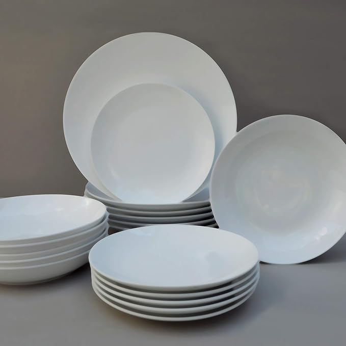 Euro Ceramica Bianco &amp Bara 24 Piece Dinnerware Set (Combination Pack) Set Includes 6 Bara Recycled Glass 14oz Tumblers + Bianco 18 Pieces Dishware Standard