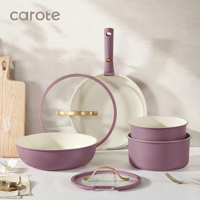 CAROTE 5pcs Pots and Pans Set Nonstick Cookware Set Detachable Handle Induction Kitchen Cookware Sets Non Stick with Removable Handle RV Cookware Set Gold and Purple