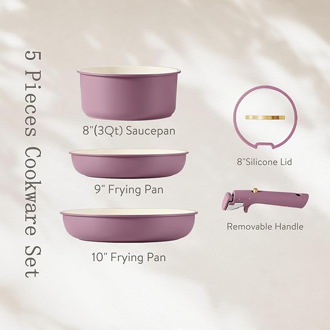 CAROTE 5pcs Pots and Pans Set Nonstick Cookware Set Detachable Handle Induction Kitchen Cookware Sets Non Stick with Removable Handle RV Cookware Set Gold and Purple