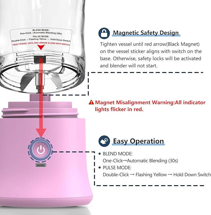 DENOKIN Portable Blender 20oz Vessel Cordless Personal Size Blend with 6 Blade and a Travel Lid (Purpleish Pink)
