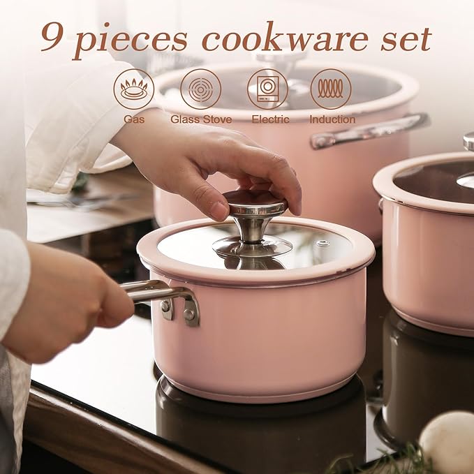 9pcs Stainless Steel Cookware Set for Family Kitchen 304 Grade Ceramic Coated Exterior Induction Compatible Pots and Pans with Glass Lids Non-Toxic &amp Easy to CleanPink