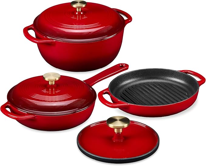 Best Choice Products Non-Stick Pot &amp Pan Cookware Set Cast Iron 2Qt Skillet W/Lid 10 Grill Or Griddle Pan W/Press 6Qt Enameled Dutch Oven Non-toxic For Cooking &amp Grilling - Red