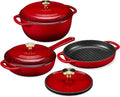 Best Choice Products Non-Stick Pot &amp Pan Cookware Set Cast Iron 2Qt Skillet W/Lid 10 Grill Or Griddle Pan W/Press 6Qt Enameled Dutch Oven Non-toxic For Cooking &amp Grilling - Red