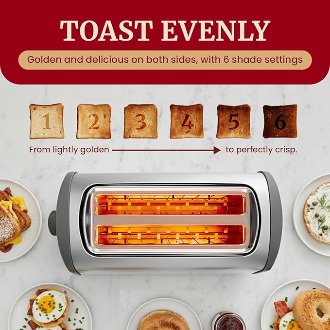 Elite Gourmet Digital Long Slot 4-Slice Toaster – Touch Screen LED Display Extra Wide 1.5” Slots for Artisan &amp Bagel Bread 6 Browning Levels Defrost &amp Reheat Stainless Steel Modern Design