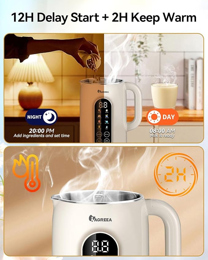 IAGREEA 8 in 1 Nut Milk Maker Machine Stainless Steel Lid BPA Free for Homemade Almond/Oat/Soymilk 35 oz(1L) Almond Milk Maker with 8 Mins Self-Cleaning 2 hrs Keep Warm 750W Stirring Power White