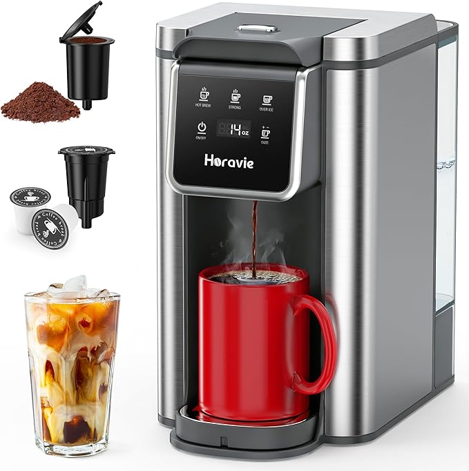 Single Serve Coffee Maker for K-Cup Pod and Grounds Hot and Iced Coffee Maker Strong Button Feature 6 to 14oz Brew Sizes 50oz Removable Tank Up to 6.5 Inch Cup Stainless Steel Grey