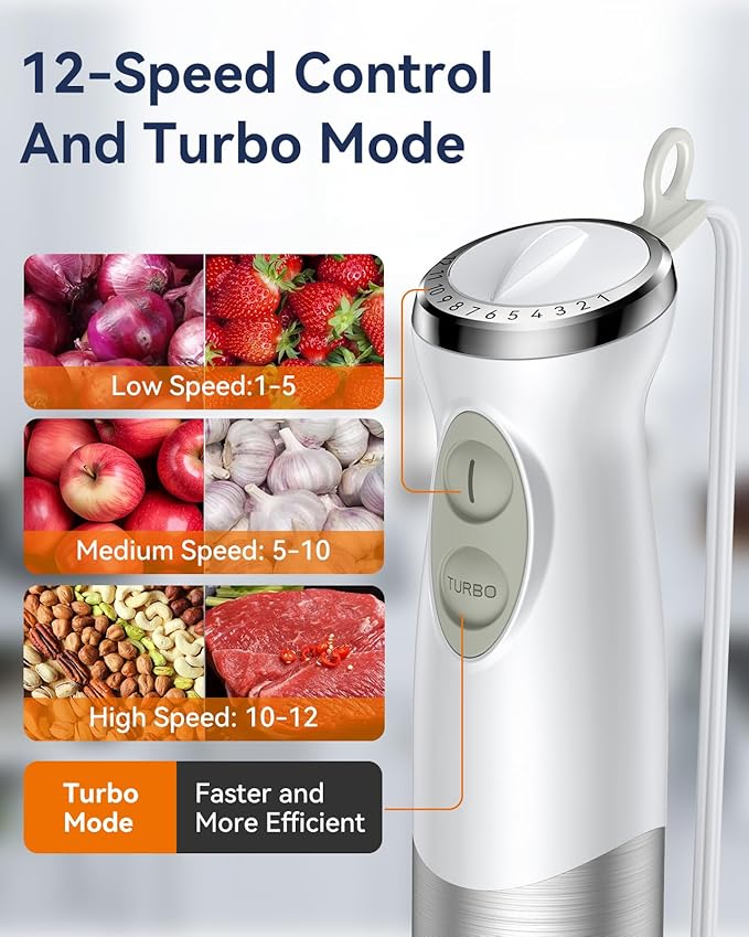 Immersion Blender Handheld 1000W 5 in 1 Corded Stick Hand Blender Kitchen with 12 Speed BPA-Free Mixing Beaker Chopper Whisk Milk Frother Perfect Emulsifier for Soup Baby Food Sauce Puree