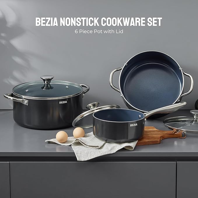 Induction Cookware Set 6-Piece Stackable Kitchen Cooking Pots Set 6qt 4.8qt &amp 2qt Pots with Lids Dishwasher Safe &amp Oven Safe Compatible with All Stoves Black