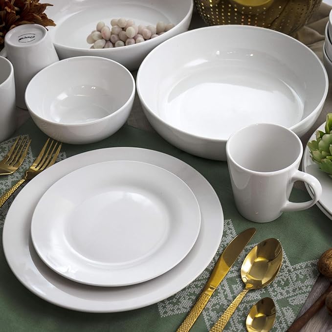 18 Piece White Porcelain Dinnerware Set – Round Plates Bowls Mugs &amp Serving Bowls for 4 Microwave &amp Dishwasher Safe Elegant Glossy Finish Tableware Set