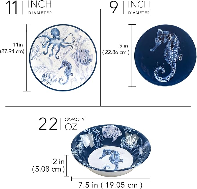 Sea Life 12-Piece Dinnerware Set Service for 4 Blue Navy White Coastal Modern Contemporary Round 12 Piece Dishwasher Safe