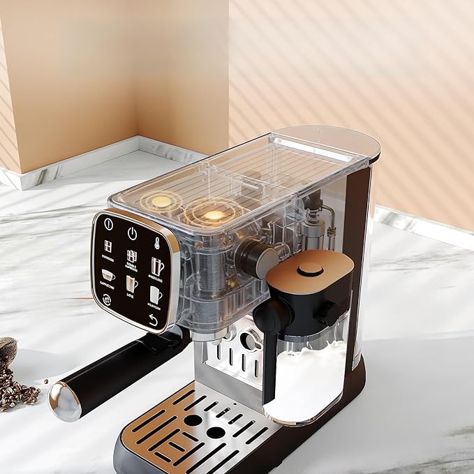 Fully Automatic Coffee Machine 20 Bar Pressure Touchscreen Control Adjustable Temperature Quick Heating Removable Water Tank Milk Frother Stainless Steel for Home Kitchen