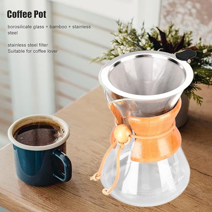 Pour Over Coffee Pot Glass Coffee Kettle Simple Design Drip Coffee Maker Heat Resistance Tea Pot with Resuable Stainless Steel Filter and Capacity Scale for Coffee Lovers (600ml)
