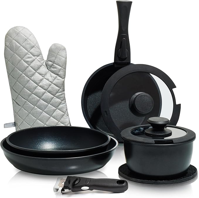 Moss &amp Stone 10pcs Black Pots and Pans Set Non Stick Cookware Sets Detachable Handle RV Kitchen Set Removable Handle Oven Safe Induction Ready Stackable Non-stick Set Camping Cookware Set