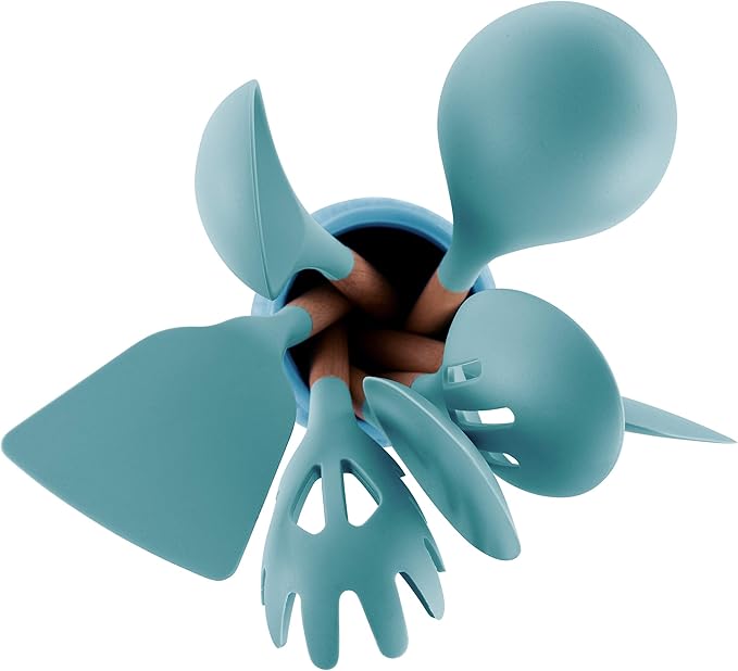 Megachef Tool Cookware Utensil Set with Ceramic Holder 9 Piece Light Teal and Wood Texture